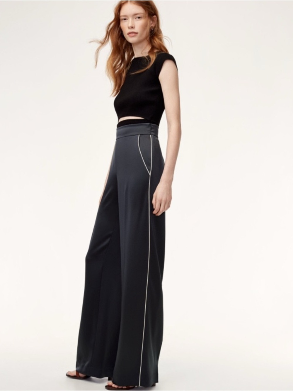 Wilfred Black Wide-Leg Pants with Contrast Piping